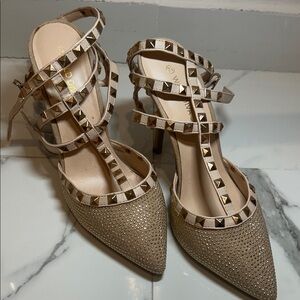 Studded T-Strap Pointed Toe Heels — Nude